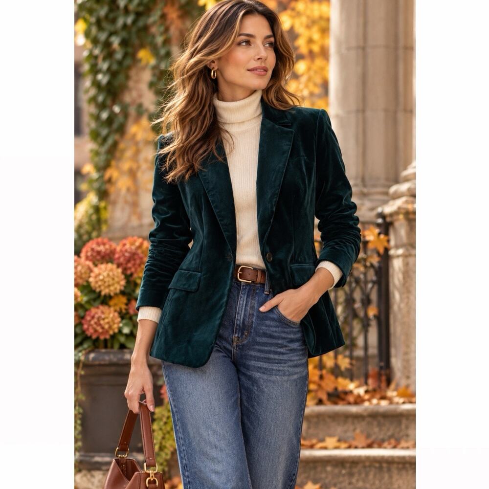 LOFT Velvet Blazer Forest Green Sz 12 Preppy Chic Velour Holiday Season Jacket
